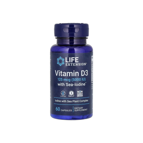 Вітамін Life Extension Vitamin D3 with Sea-Iodine, 125 мкг (5000 IU), 60 капсул