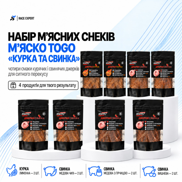 Набір «Набір м'ясних снеків М'яско ToGo Курка та свинка Race Expert Club» — абонемент на 3 місяці