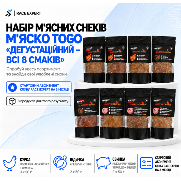 Набір «Набір м'ясних снеків М'яско ToGo Дегустаційний Race Expert Club» — абонемент на 3 місяці