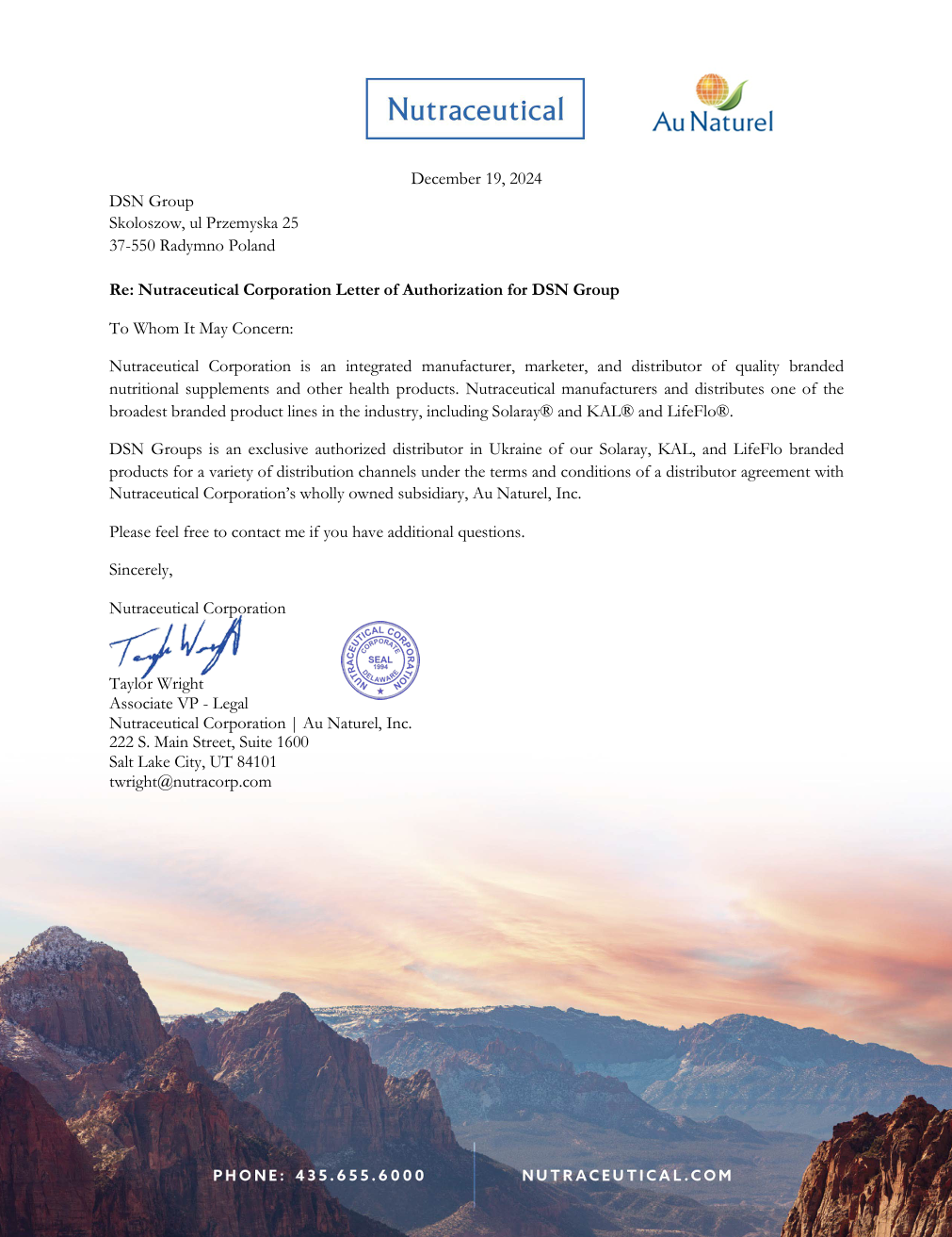 Nutraceutical Letter of Authorization for DSN Group