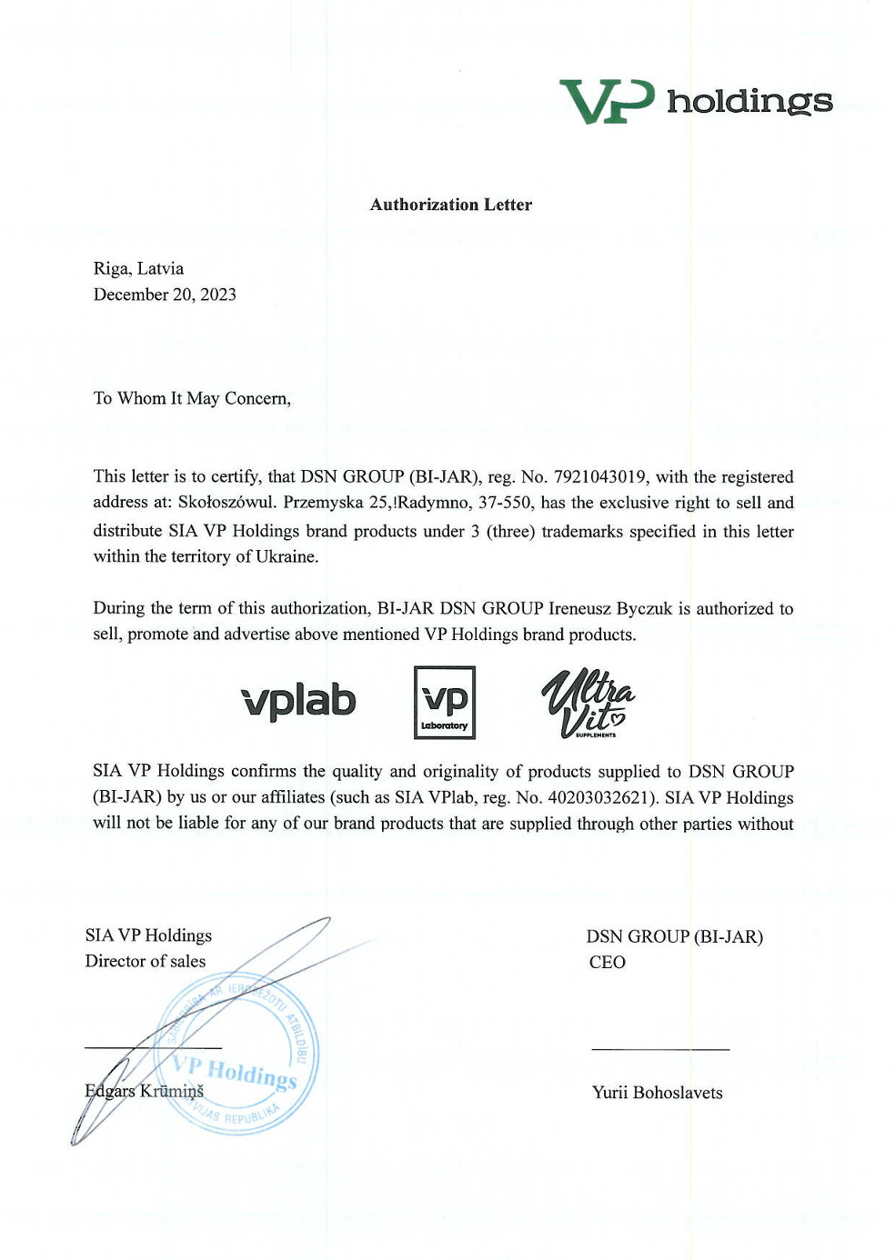 VPLab UltraVit Letter of Authorization